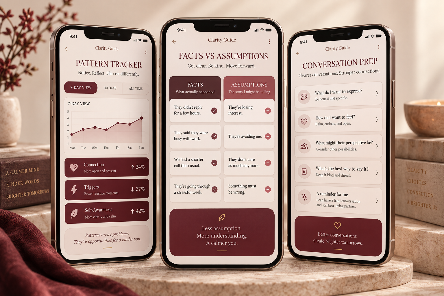 Three Clarity Guide app screens showing pattern tracking, facts versus assumptions, and conversation preparation